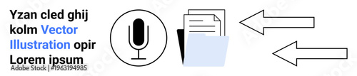 Data transfer, communication, digital media, information storage, speech recording, file sharing. Microphone, folder and arrows with a text element. Data transfer and communication concept