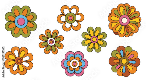 Groovy blooms evoke retro vibes, showcasing playful shapes and vibrant hues from the 1970s, perfect for adding a touch of vintage charm and psychedelic flair to creative projects and designs now