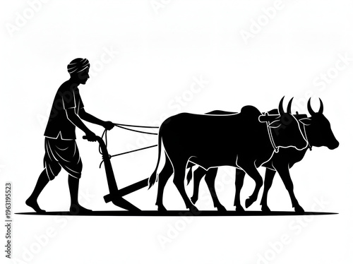 indian rural agriculture scene farmer with oxen plowing field silhouette vector