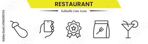 Restaurant icons depicting dining, food, menu, chef, kitchen, service, table, reservation, cuisine, cooking, and hospitality.