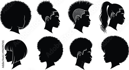 Diverse collection of female profile silhouettes featuring various natural afro hairstyles ponytails and modern haircuts isolated on white background for avatars