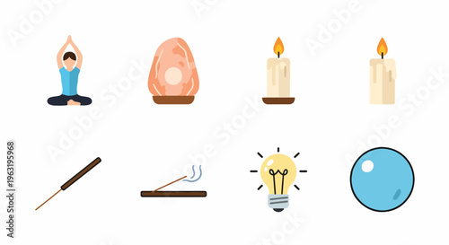 A serene meditation scene with a person in yoga pose, accompanied by candles, a Himalayan salt lamp, incense, and a glowing light bulb on a peaceful setting with a blue orb