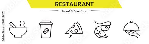 Restaurant icons depicting dining, food, menu, chef, kitchen, service, table, reservation, cuisine, cooking, and hospitality.