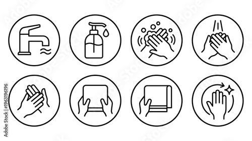 Black-and-white line illustrations showing six proper handwashing steps: wet hands, apply soap, lather, rinse, dry, and clean, emphasizing hygiene, health, and germ prevention.