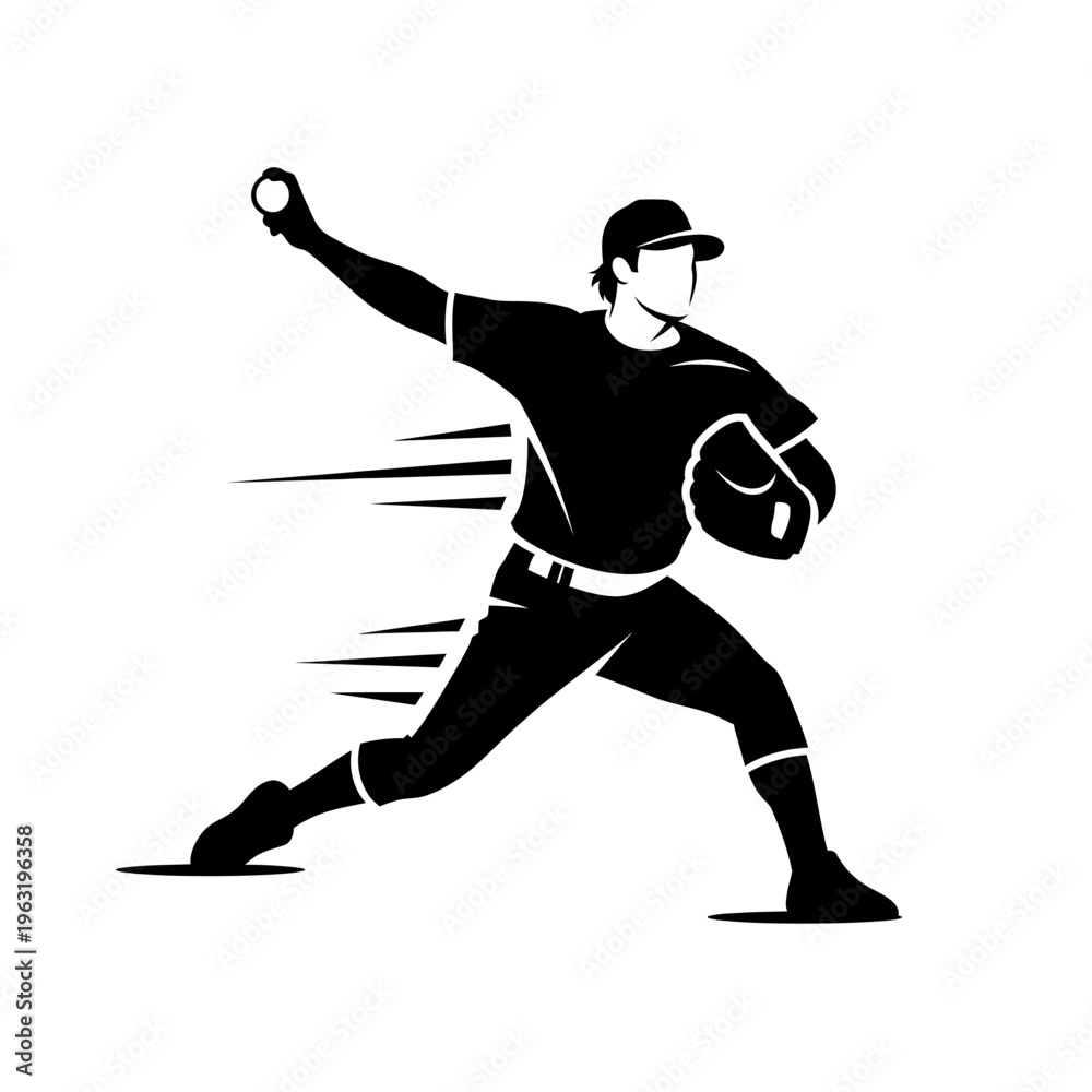 Naklejka premium Baseball Pitcher Throw Action Black and White Silhouette – Dynamic Pitching Motion Vector Isolated