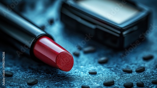 Close-up of red lipstick and eyeshadow