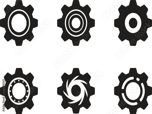 Gear icons set collection of six modern mechanical cog wheel black silhouettes.