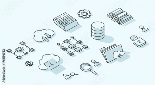A vector graphic illustration of various data management and security icons