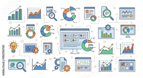 A colorful vector graphic illustration of various business and finance icons and charts