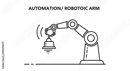 A robotic arm is depicted in a simple line art style for automation and technology concepts