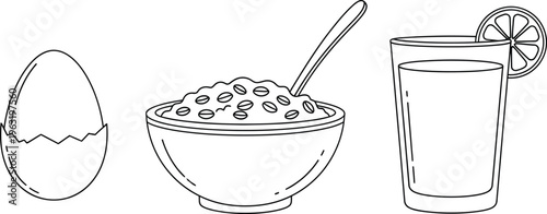 Set of breakfast food items including an egg cereal and juice presented in a simple outline vector illustration for healthy eating concepts or menu design