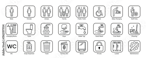 public facility service line icon set restroom male female toilet shower cleaning vector illustration