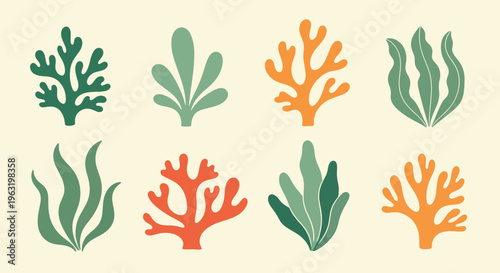 Coral reef elements in green orange and red on cream background