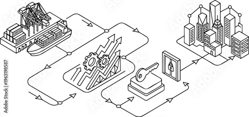 Isometric line art of global financial network and business expansion
