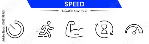 Speed icons depicting acceleration, velocity, motion, fast movement, performance, racing, energy, agility, efficiency, timing, dynamic action, and quickness.
