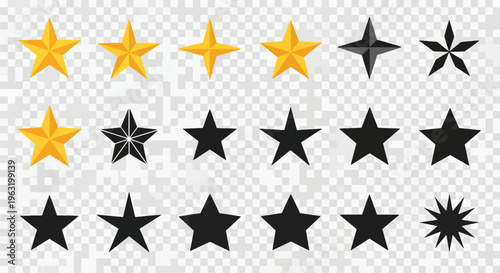 Collection of gold and black star shapes on transparent background
