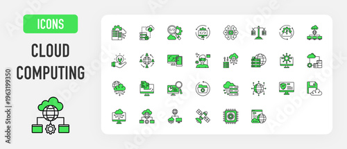 Cloud Computing icon. Data Center, Disaster Recovery, Devops, Integration, Machine Learning, Load Balancer, Problem, Infrastructure, Provider, Migration, Data Synchronization, Virtualization vector. 
