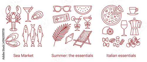 Set of travel, summer and italian food essentials vector illustrations.