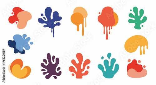 Colorful paint splatters and blobs on white background