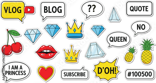 Trendy Sticker Collection with Speech Bubbles, Crowns, Lips and Social Media Icons, Colorful Cartoon Doodle Elements Vector Set for Vlog Blog Design