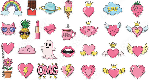 Cute Love and Kawaii Sticker Collection with Hearts, Wings, Food and Fun Icons, Romantic Cartoon Doodle Elements Vector Set for Valentine Design