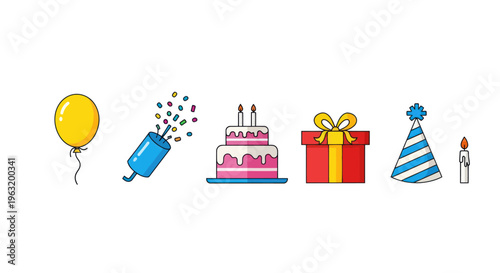 Colorful birthday party celebration objects.