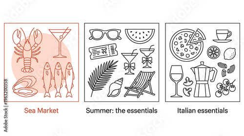 Set of travel, summer and italian food essentials vector illustrations.