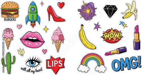 Colorful Pop Art Sticker Collection with Lips, Food, Fashion and Fun Icons, Retro Comic Style Doodle Elements Vector Set on White Background