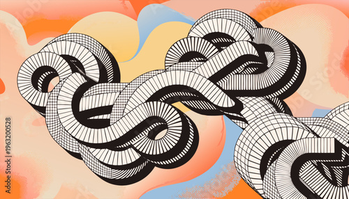 Modern Vector Illustration of Intertwining Monochromatic Ribbons on Colorful Organic Shapes.eps