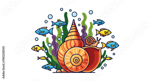 Colorful illustration of sea snail shell.