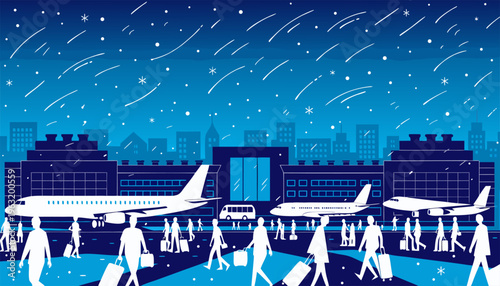 Night Scene Airport Life Concept with Airplanes and Silhouetted Travelers.eps