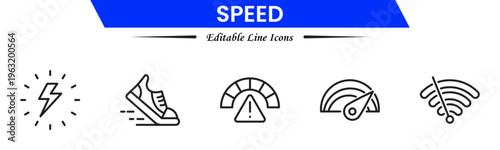 Speed and performance icon set. Containing fast, productivity, indicator, turbo, speeding and speedometer icons. Thin line icon collection. Vector illustration.