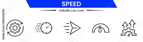 Speed and performance icon set. Containing fast, productivity, indicator, turbo, speeding and speedometer icons. Thin line icon collection. Vector illustration.