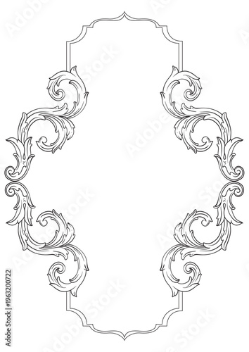 Ornate Baroque Border Frame in Vintage Victorian Style, Elegant Black and White Filigree Floral Ornament for Wedding Invitation, Luxury Decorative Antique Swirl Frame Isolated on White