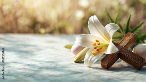 White Easter lily flower with wooden cross and egg on stone surface. Religious symbol of resurrection and rebirth. Traditional church decoration for spring holiday celebration scenery.