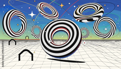 Psychedelic Acid Dreams Poster Design with Retro Geometric Shapes and Grainy Gradient.eps