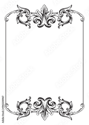 Ornate Baroque Border Frame in Vintage Victorian Style, Elegant Black and White Filigree Floral Ornament for Wedding Invitation, Luxury Decorative Antique Swirl Frame Isolated on White