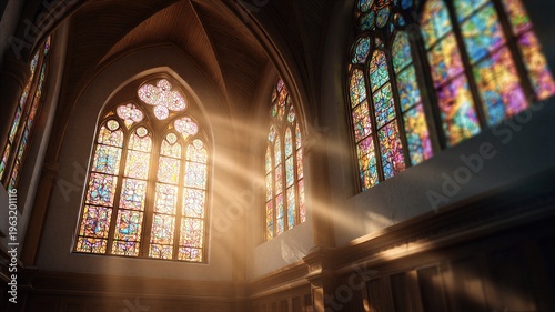 Sunbeams shining through colorful stained glass windows inside a cathedral. Christian church interior with light rays for Easter celebration. Religious architecture and holy atmosphere.