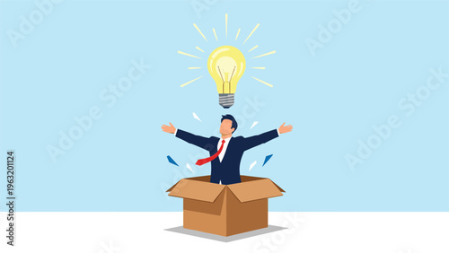 Creative thinker jumping out of a box to signify out of the box thinking and finding new innovative business solutions.