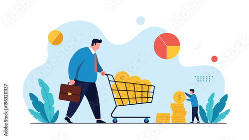 Wealthy businessman pushing a cart full of gold coins to demonstrate investment accumulation and financial asset management.