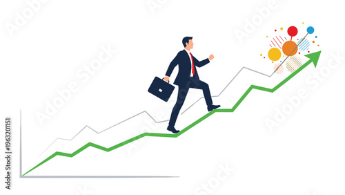 Successful businessman climbing a rising green arrow to reach financial targets and celebrate professional career growth.