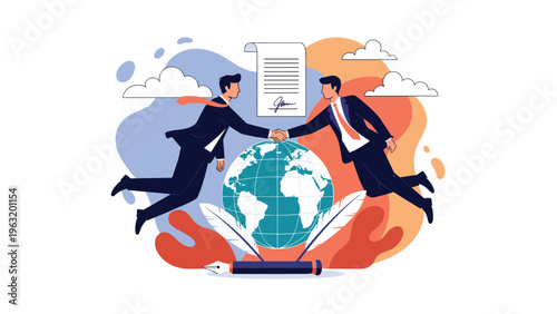 Two men flying and shaking hands over a globe to represent international cooperation and officially signed business agreements.