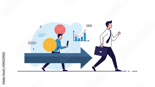 Forward thinking professional walking on a large directional arrow while a team member studies analytics and pie charts.