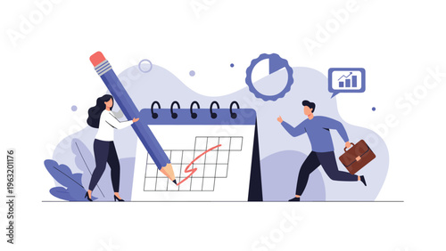 Business team managing schedules and deadlines by marking a large calendar with a pencil to track project progress and goals.