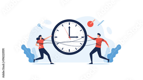 Team of professionals struggling with time management by holding a giant clock with tangled strings to meet deadlines.