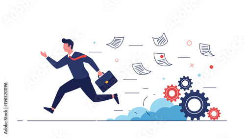 Busy professional running fast with a briefcase while leaving behind flying papers and turning gears of productivity.