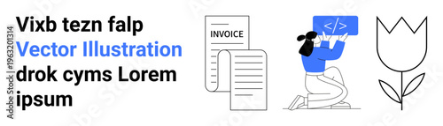 Technology, business operations, coding skills, billing systems, creativity, floral symbols. Woman programming while interacting with graphic icons. Technology and business operations clearly