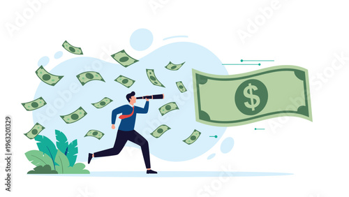 Visionary investor looking through a telescope to find profitable opportunities among flying money for financial success.