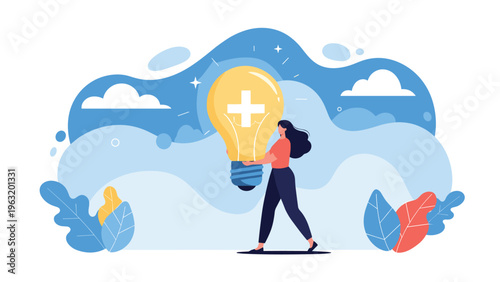 Positive woman carrying a large lightbulb with a plus sign to represent innovative ideas and constructive business growth.