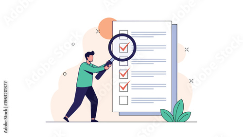 Detail oriented professional examining a large checklist with a magnifying glass to ensure quality control and project completion.